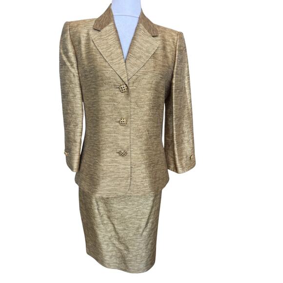 Dana Buchman Petite Silk Wool Formal Gold Skirt Suit 8P 10P Medium jacket set - Picture 5 of 13